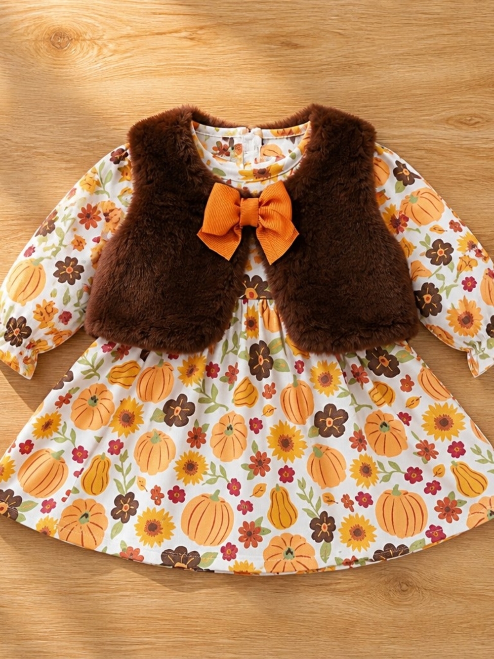 Baby Starters Orange & Brown Pumpkin Floral Dress with Faux Fur Vest Sz 9 Months